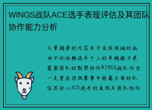 WINGS战队ACE选手表现评估及其团队协作能力分析
