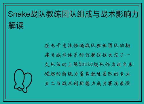 Snake战队教练团队组成与战术影响力解读